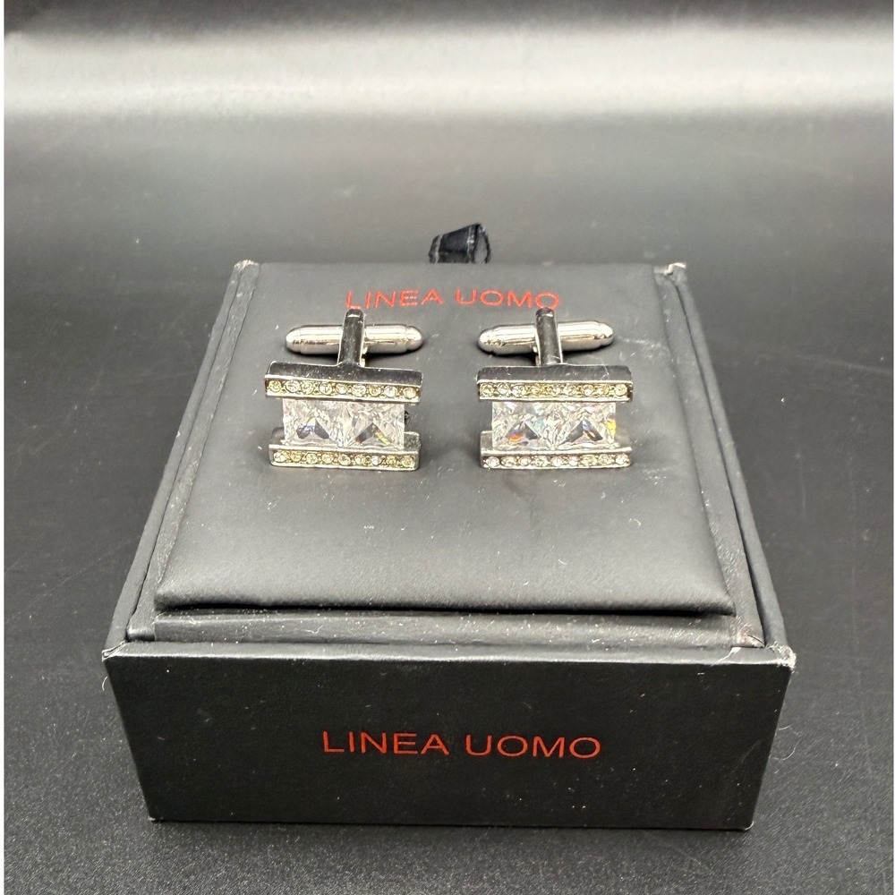 Linea Uomo Mens Rectangular Crystal Pave Silver Tone Cufflinks with Box
